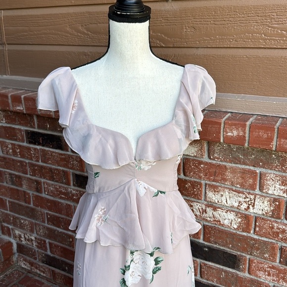 Show Me Your MuMu Reese Ruffle Chiffon Midi Dress Beige Floral Size Extra Small - Picture 2 of 10
